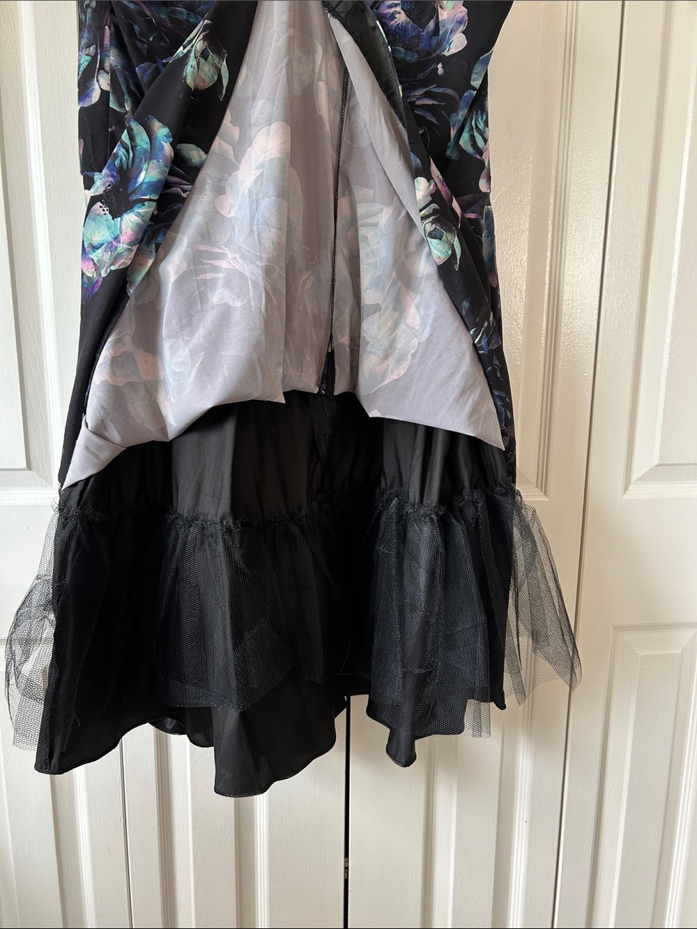 Floral V-Neck Black Dress with Blue-Purple Accents - Picture 8 of 10